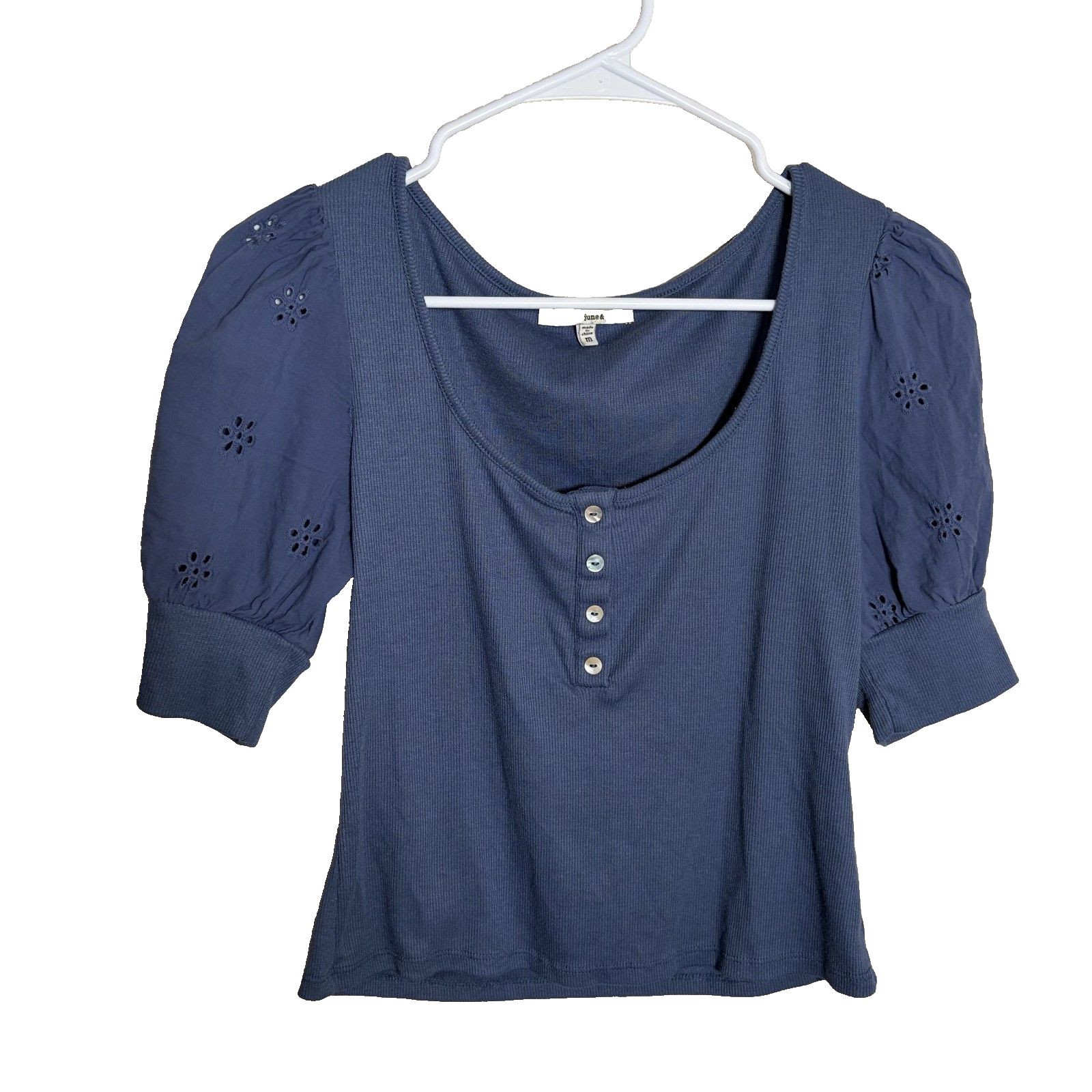 June & Hudson Blouse Women's Medium Blue Cropped Puff Sleeve Eyelet Boho Top
